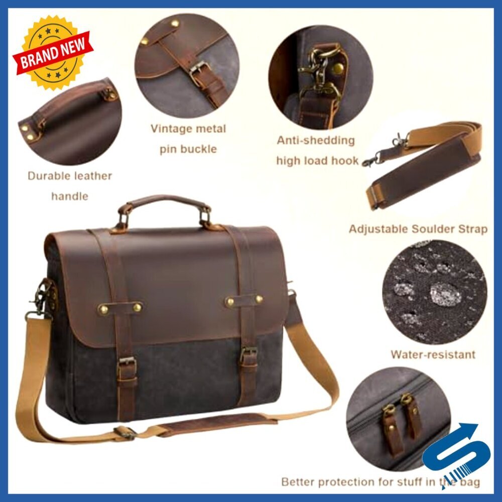 Vintage Waxed Canvas Messenger Bag Genuine Leather Laptop Briefcase Crossbody - Picture 4 of 7